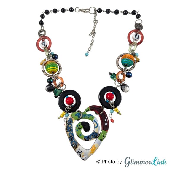 Colorful Mixed Media Heart Pendant Statement Necklace Boho Artsy - Picture 4 of 12